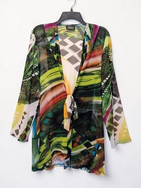 Artex Sheer Beach Cover Up OS Vintage Boho Tie Front Kimono Cardigan